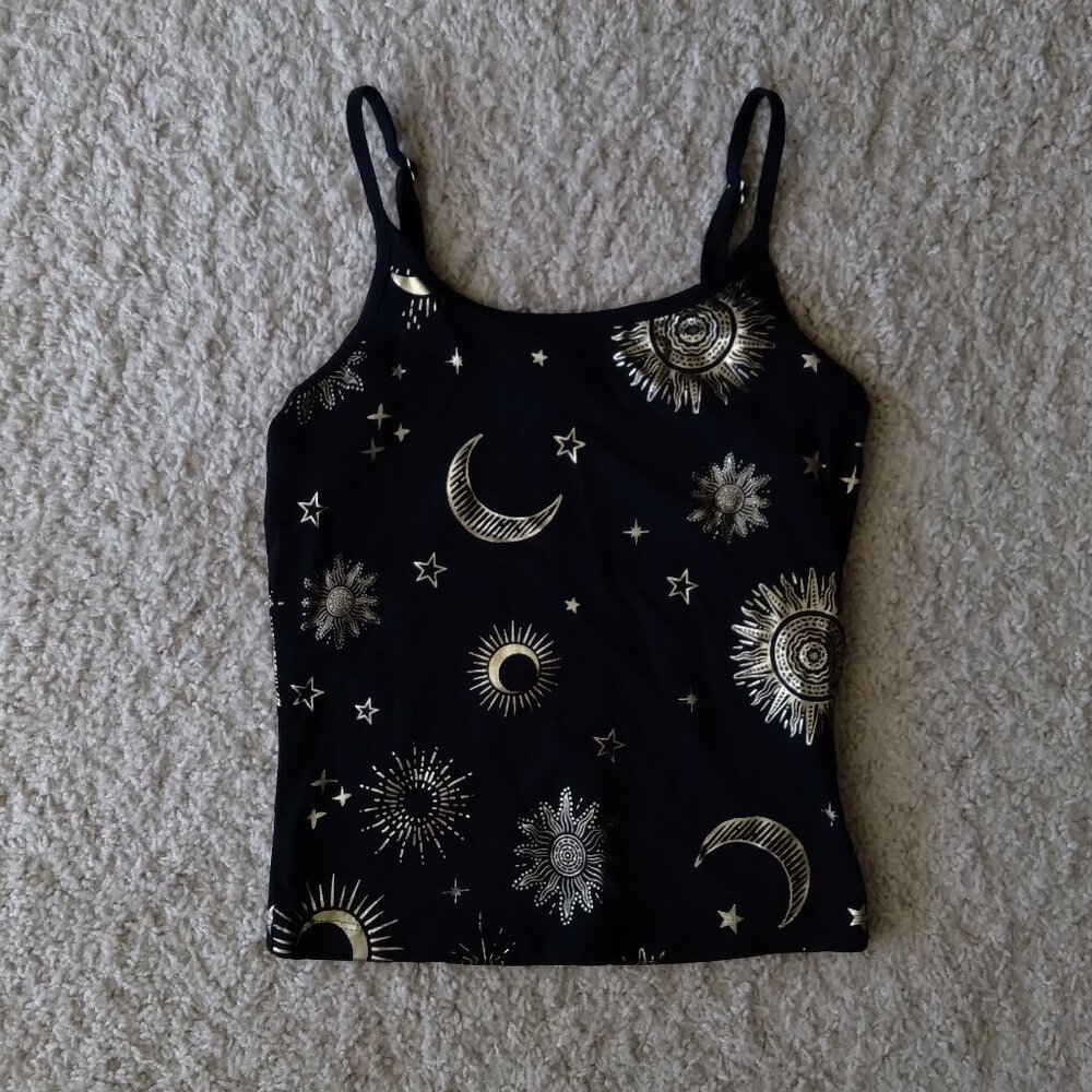 Guess Black Tank Top with Gold Sun Moon Star Celestial Print Womens Size XS